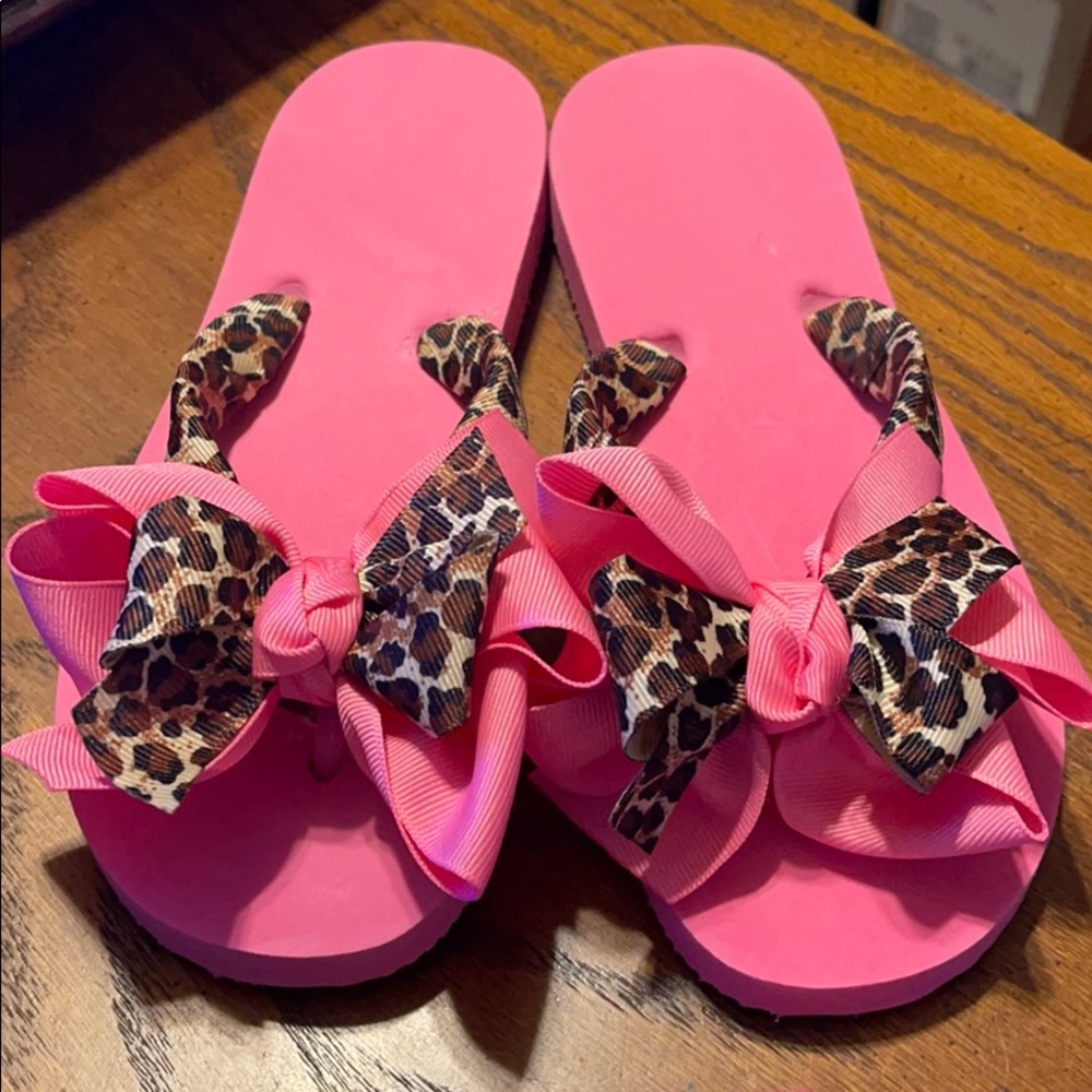 Girls Flip Flops Ribbons & Bows Pink Cheetah Sz 4
